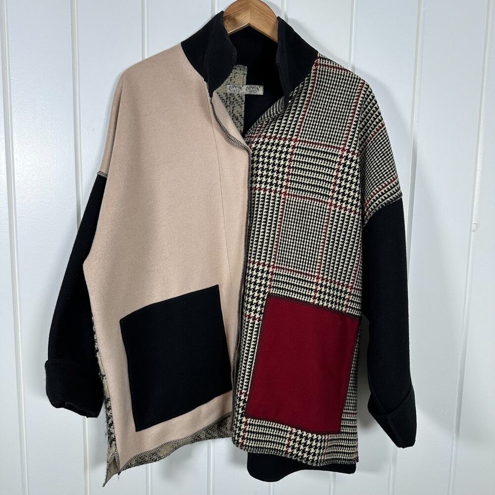 VTG Cameleon Open Blazer Large Wool Blend Patchwork Multicolor Black Red Tan USA